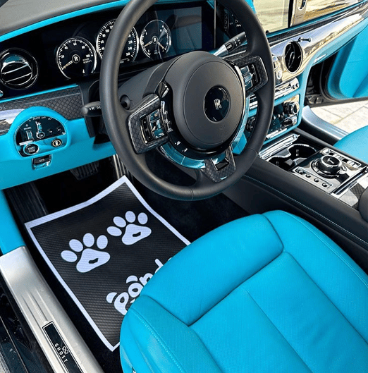 Automobile interior with blue leather seats and detailed dashboard, featuring a Panda Hub branded floor mat after deep clean car detailing