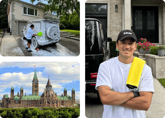 Car detailing technician washing a foam-covered G-Wagon in Ottawa, ON.