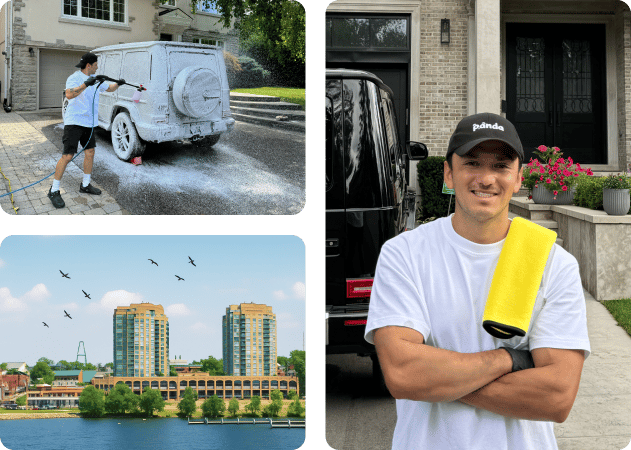 Mobile car detailing service in Barrie, ON cleaning a luxury SUV exterior and interior at a residential driveway