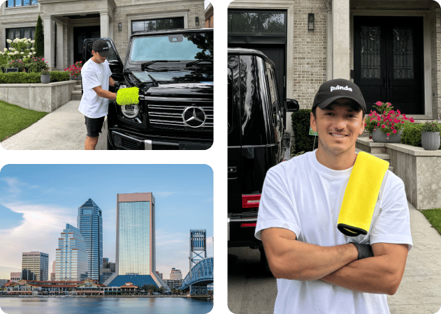 Mobile car detailer cleaning a black Mercedes G-Wagon, with the Jacksonville, FL skyline in view.