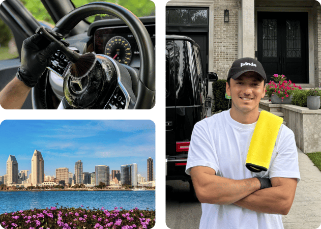 Car detailing in San Diego, CA with interior steering wheel cleaning.