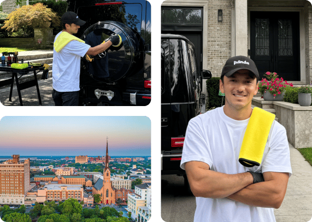 Car detailing technician working on a black Mercedes G-Wagon in Charleston, SC.