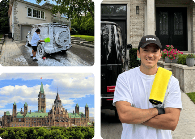 Car detailing technician washing a foam-covered G-Wagon in Ottawa, ON.
