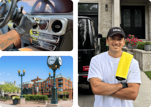 Car detailing professional working in car interior in Oakville, ON.