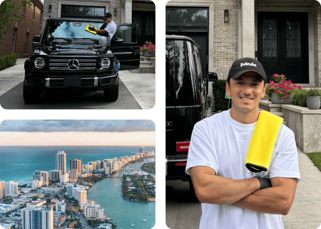 Auto detailer wiping down a G-Wagon in Miami, FL.