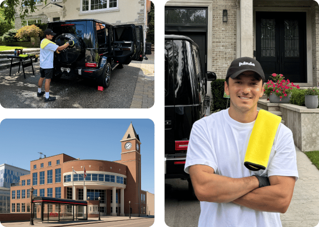 Professional car detailing in Brampton, ON with foam wash and hand cleaning of a black Mercedes G Wagon