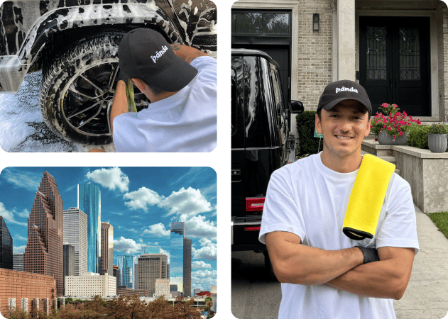 Mobile detailer cleaning a black G-Wagon wheel in Houston, TX.