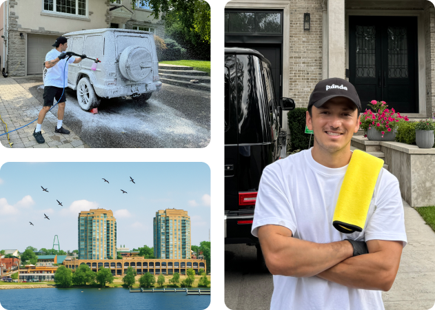 Mobile car detailing service in Barrie, ON cleaning a luxury SUV exterior and interior at a residential driveway