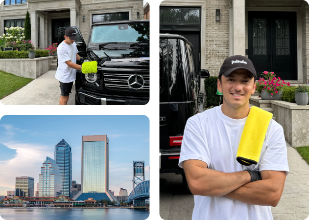 Mobile car detailer cleaning a black Mercedes G-Wagon, with the Jacksonville, FL skyline in view.