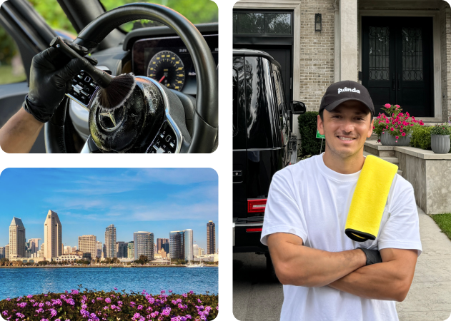 Car detailing in San Diego, CA with interior steering wheel cleaning.