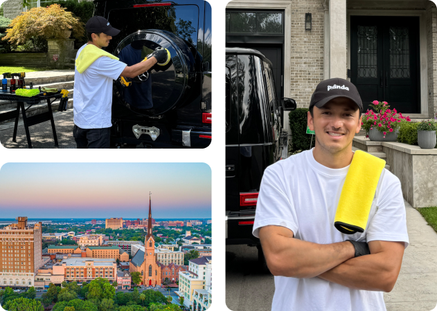 Car detailing technician working on a black Mercedes G-Wagon in Charleston, SC.