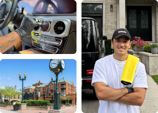 Car detailing professional working in car interior in Oakville, ON.