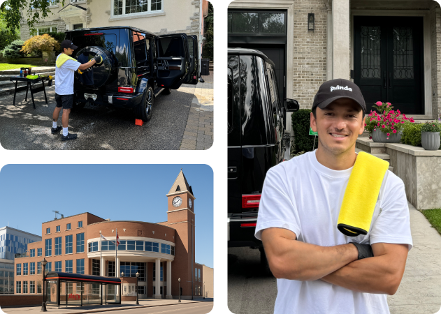 Professional car detailing in Brampton, ON with foam wash and hand cleaning of a black Mercedes G Wagon
