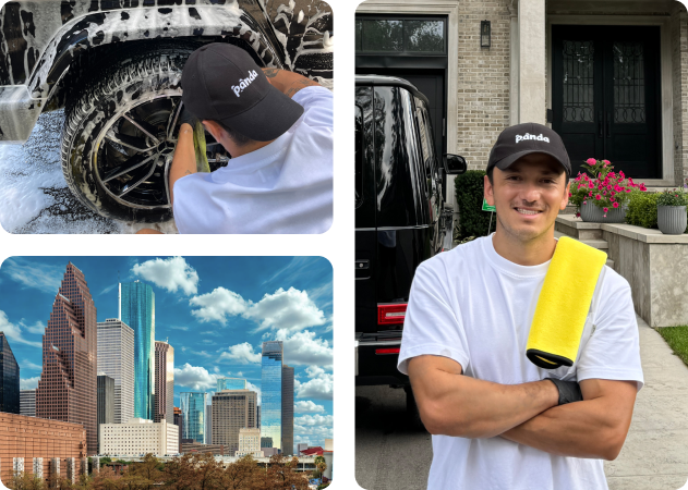 Mobile detailer cleaning a black G-Wagon wheel in Houston, TX.