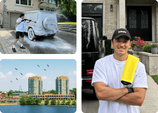 Mobile car detailing service in Barrie, ON cleaning a luxury SUV exterior and interior at a residential driveway