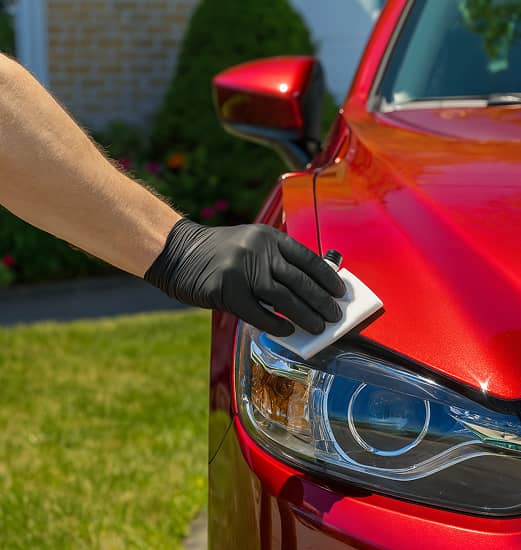 Detailer applying ceramic coating on a red car hood for paint protection