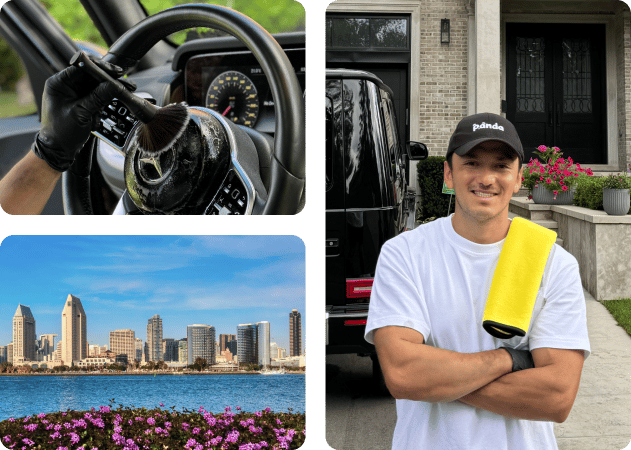 Car detailing in San Diego, CA with interior steering wheel cleaning.